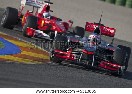 VALENCIA, SPAIN - FEBRUARY 3: F1 Test - first car Jenson Button and 2nd Alonso - on February 3, 2010 in Cheste, Valencia, Spain