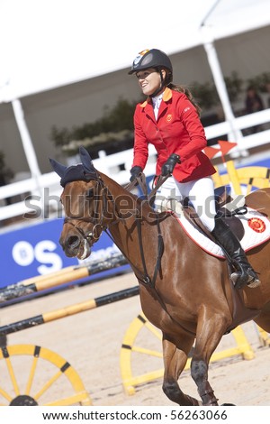 VALENCIA, SPAIN - MAY 8: Rider Vilarrubi Jorda, Horse Meggy Du Mont, Spain in the Global Champions Tour Valencia 2010 equestrian - the City of Arts and Sciences of Valencia, Spain on May 8, 2010