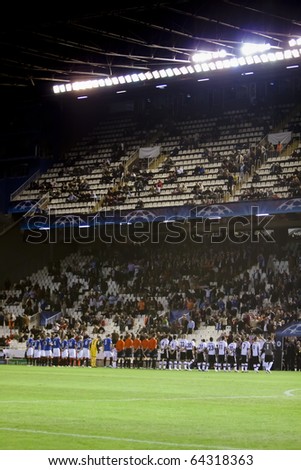 VALENCIA, SPAIN - NOVEMBER 2 - All the players in the UEFA Champions league match between Valencia and Glasgow Rangers - Mestalla Stadium, Spain on November 2, 2010