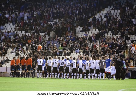 VALENCIA, SPAIN - NOVEMBER 2 - All the players in the UEFA Champions league match between Valencia and Glasgow Rangers - Mestalla Stadium, Spain on November 2, 2010