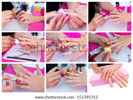 manicuring nails procedure in nine steps from cleaning to finished golden stamped nails