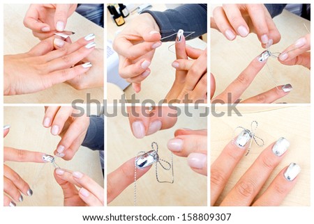 beautician makes decoration bow on woman manicured nail , work flow in process