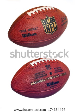 ZAGREB , CROATIA - FEBRUARY 1 ,2014 :  official ball of the NFL football league , the Duke front and back on white background , product shot
