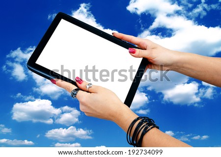 woman hand with jewelry holding tablet with blank screen