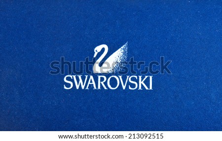 ZAGREB , CROATIA - AUGUST 24 , 2014 : Swarovski jewelry brand logo close up , product shot