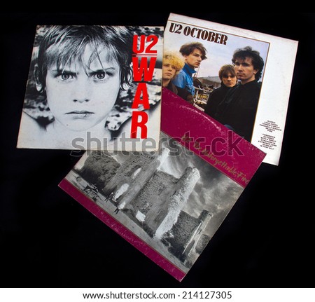 ZAGREB , CROATIA - AUGUST 31 -  vinyl records of Irish rock group U2 , product shot