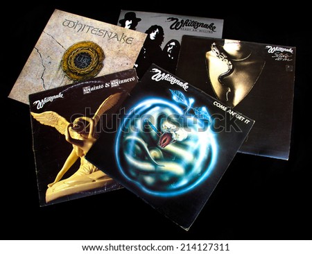 ZAGREB , CROATIA - AUGUST 31 - collection of old vinyl records of rock group whitesnake , product shot