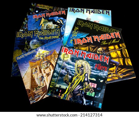 ZAGREB , CROATIA - AUGUST 31 - collection of old vinyl records of rock group Iron Maiden , product shot