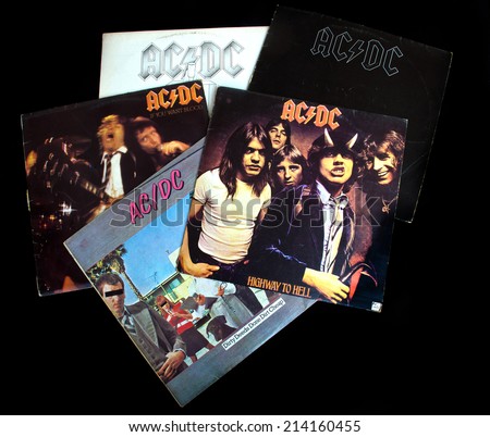 ZAGREB , CROATIA - AUGUST 31 - collection of old vinyl records of rock group AC/DC , product shot