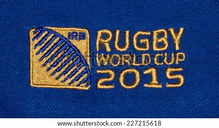ZAGREB , CROATIA - OCTOBER 31 , 2014 :  Logo for Rugby world cup 2015 printed on textile, product shot