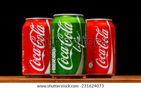 ZAGREB , CROATIA - NOVEMBER 19 ,2014 :   Coca-Cola Life can splashed with water on black background, product shot