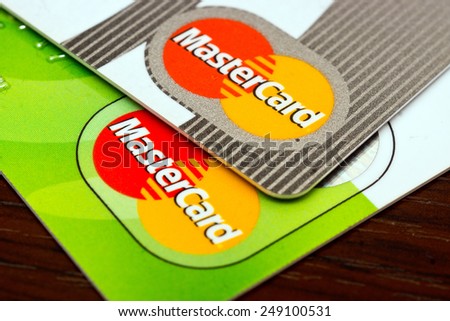 ZAGREB , CROATIA - 02 FEBRUARY 2015 - close up of master card logo on the credit card , product shot