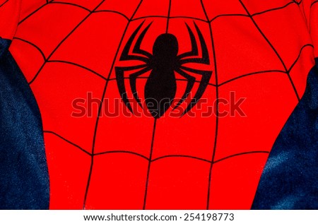 ZAGREB , CROATIA - 19 FEBRUARY 2015 - close up spiderman logo printed on his costume shirt, product shot