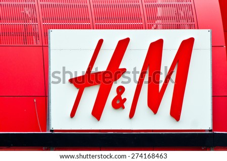 ZAGREB , CROATIA - April 30th , 2015 : H&M fashion brand sign on the red building  ,product shot