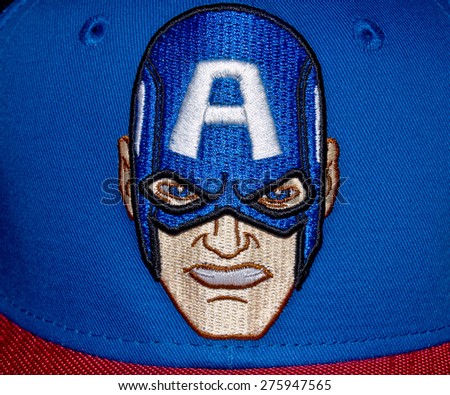 ZAGREB , CROATIA - May 7th , 2015 : Captain america Marvel comic book character on promotional hat   ,product shot