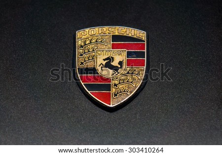 ZAGREB, CROATIA - AUGUST 3rd. 2015. - metal vintage sign of car manufacturer Porsche from Germany , product shot