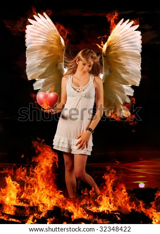 teen angel with flaming hearth and angel wings