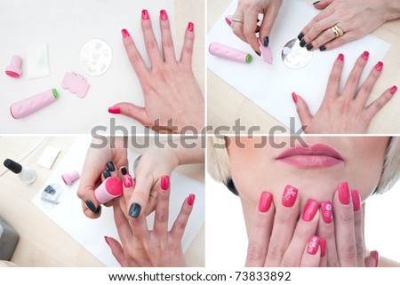 woman in nail stamping procedure sequence , nailart