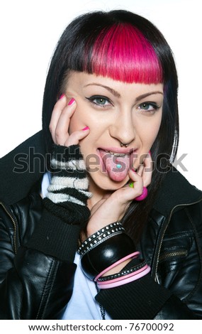 stock photo teen girl with piercing in nose and tongue having interesting 