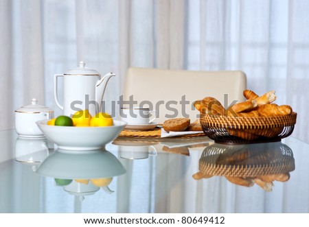 breakfast table with coffee cup and bread basket