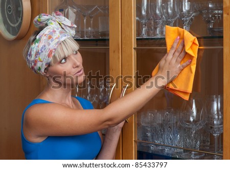 attractive woman cleaning and dusting at her home