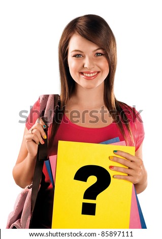 stock photo happy teen schoolgirl holding paper with question mark