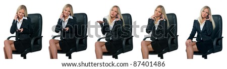 business woman with mobile phone sitting in office chair collection