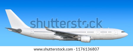 Large heavy modern wide body passenger twin jet engine airplane flying side panoramic detailed close up exterior view reference isolated on blue sky background air travel transportation theme