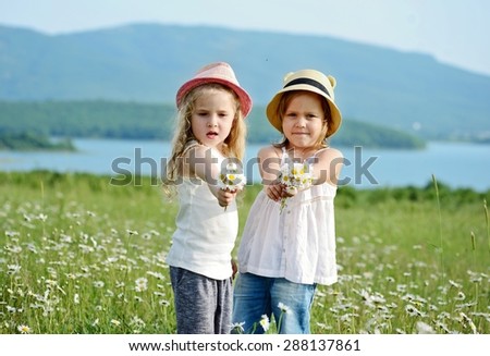 two little friends girls in the field with daisies
