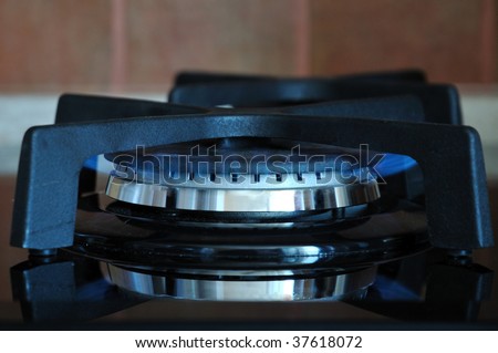 Gas torch of a cooker burning with a dark blue flame.