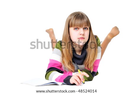 stock photo writing laying sweet teen girl over the white