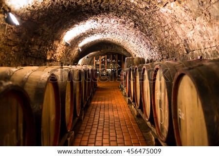 Old wooden barrels with wine in a wine vault, aged traditional wooden vine barrels lined up in cool and dark vine cellar, Italy, Porto, Portugal, France