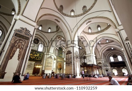 BURSA, TURKEY - AUGUST 23: An interior view of Great Mosque (Ulu Cami) on August 23, 2012 in Bursa, Turkey. Great Mosque is the largest mosque in Bursa and a landmark of early Ottoman architecture.