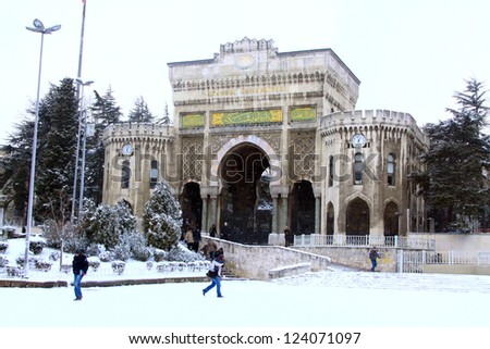ISTANBUL, TURKEY - JANUARY 08 :Main entrance of Istanbul University on a snowy day on January 8, 2013. Istanbul University is one of the oldest university in world which was built at 1453.