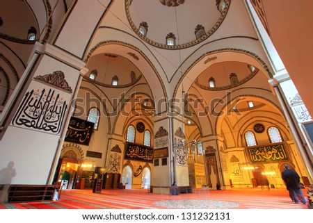 BURSA, TURKEY - MARCH 8: An interior view of Great Mosque (Ulu Cami) on March 8, 2013 in Bursa, Turkey. Great Mosque is the largest mosque in Bursa and a landmark of early Ottoman architecture.