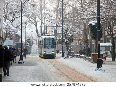 BURSA, TURKEY - JANUARY 9, 2015: Old tram on Cumhuriyet Street on January 9, 2015 in Bursa, Turkey. Cumhuriyet Street is a popular destination and best known street in Bursa, Turkey.