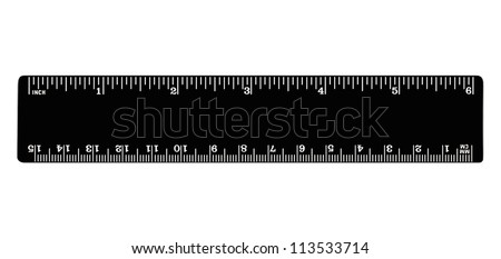 Black ruler isolated, inches, centimeters, millimeters, imperial and metric distance length units, cm and mm marks, detailed macro closeup, white numbers on plastics