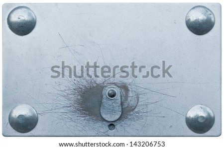 Metal lock plate, hidden locker key hole, closed keyhole shut, isolated macro closeup copy space background, grey silver zinc, large  bolts