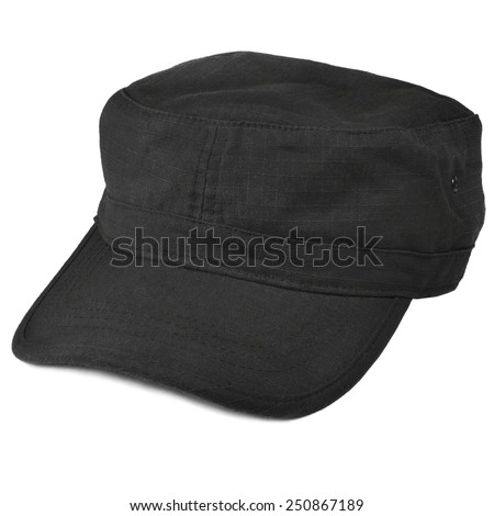 Field patrol cap macro closeup, isolated large detailed black rip-stop nylon cotton police security guard fabric texture, crumpled, wrinkled textured ripstop soft clothing pattern
