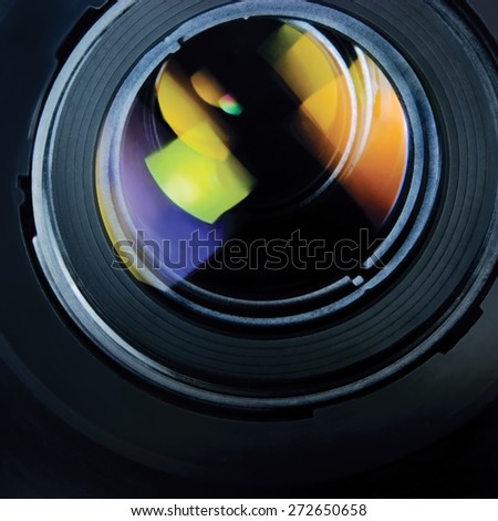 Lens and hood, large detailed macro zoom closeup, glass reflections