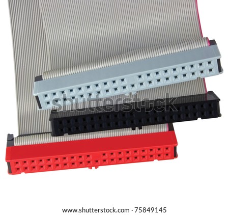 Connectors ribbon cables parallel ATA IDE PATA interface for computer hard drive communication, isolated, red, grey, black, gray, macro closeup