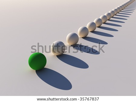 CG image of spheres lined up with green leader