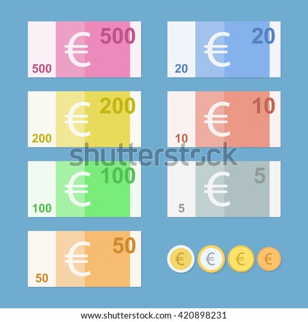 Euro banknotes. Euro money coins. Simple, flat style. Graphic vector illustration.