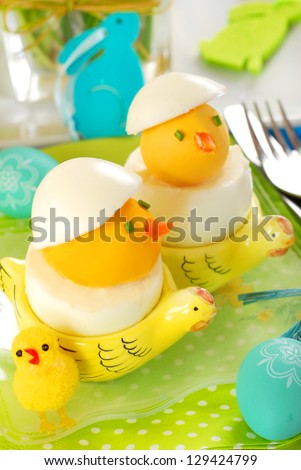 easter chickens made from hard boiled eggs as funny breakfast for child