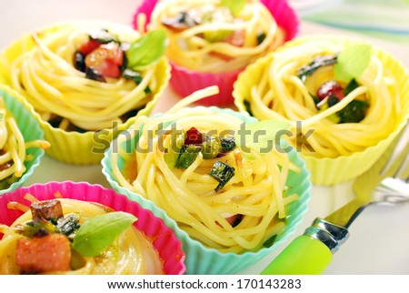 pasta nests with bacon,mushroom and eggs baked in colorful muffin molds