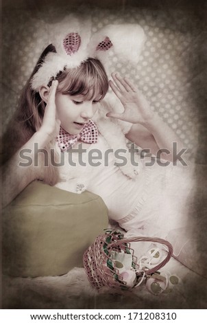 vintage easter bunny girl with funny ears looking surprised at the falling basket and eggs against green background with dots