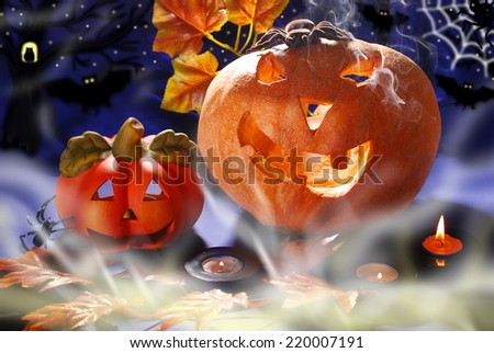 halloween still life with spiders,bats and two pumpkins glowing in autumn night