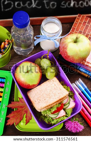 healthy breakfast for school  with sandwich ,fresh fruits and drink in lunch box