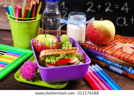 healthy breakfast for school  with sandwich ,fresh fruits and drink in lunch box