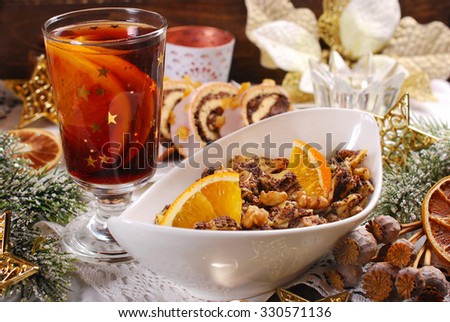noodles with poppy seeds ,nuts and dried fruits as sweet dessert for traditional in Poland christmas eve supper